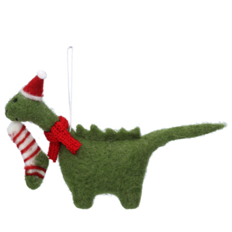 Wool Dinosaur with Christmas Stocking Hanging Decoration by Gisela Graham Festive Dinosaur wearing a Christmas hat and scarf and carrying a Christmas Stocking. This hanging Christmas Tree decoration by designer Gisela Graham is a cute addition to your Christmas decorations. Sure to make everyone smile. Made from a wool mix. This fesive dinosaur by Gisela Graham will delight for years to come. It will compliment any Christmas Tree and will bring Christmas cheer to children at Christmas time year after year. Remember Booker Flowers and Gifts for Gisela Graham Christmas Decorations.